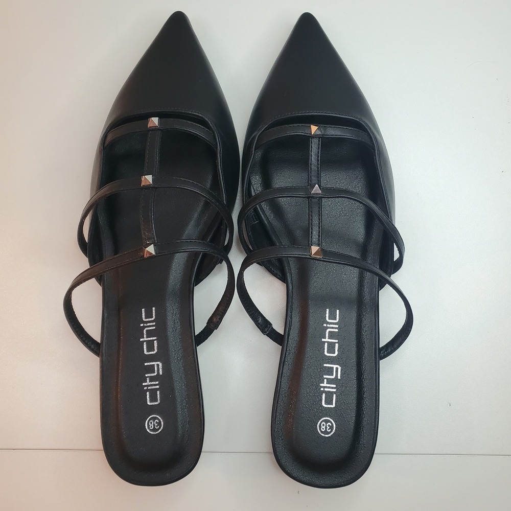 City Chic Azelea Black Studded Caged Pointed Toe Slides/Mules Wide Fit 38 7W